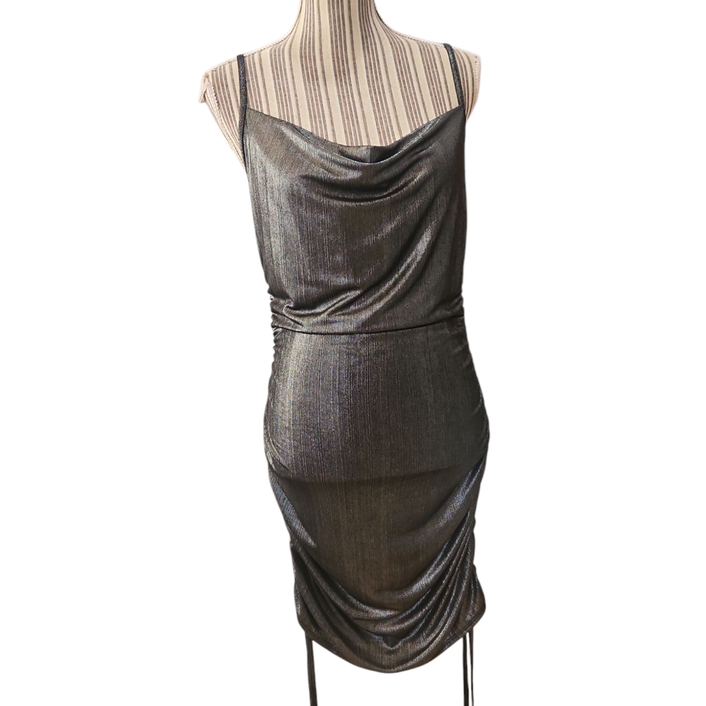 FOREVER Rose Couture Woman  Metallic Silver Black Shimmer Rounch Bodycon Dress L